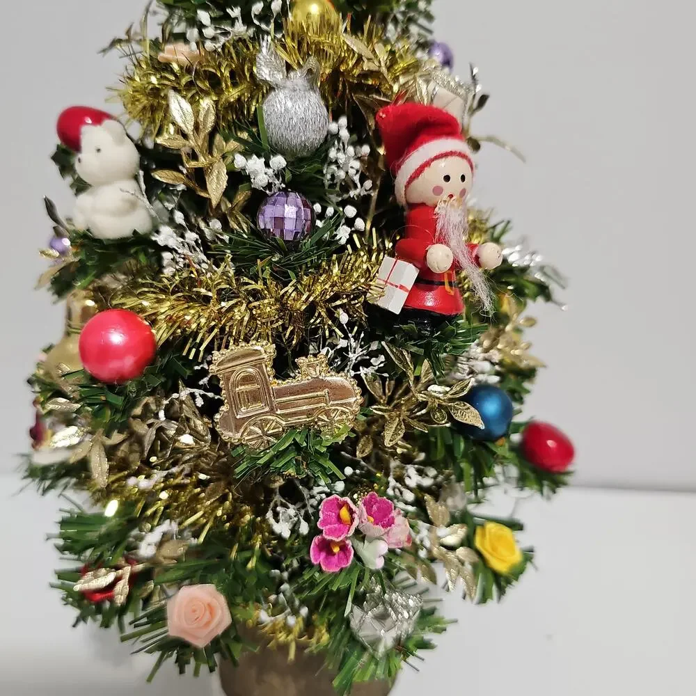 Decorated Tabletop Artificial Christmas Tree Santa Topper Retro Holiday Decor